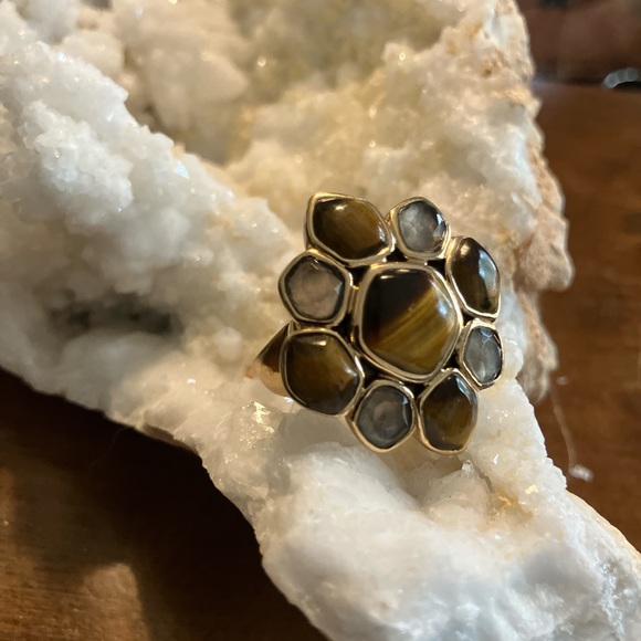 Barse Tigers Eye & Moonstone Bohemian Gold Tone Ring Size 8 3/4 - Picture 6 of 8